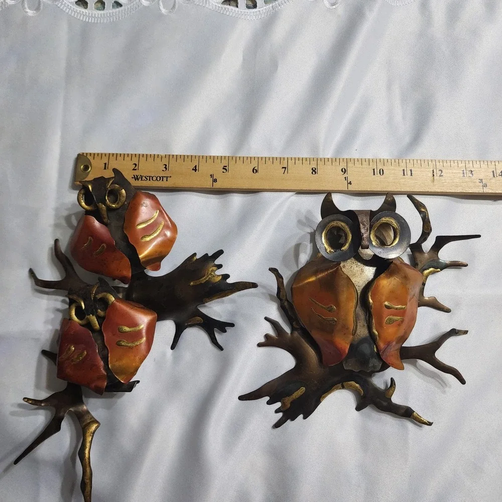 Vintage Brutalist Metal Owl Wall Art Set Mid Century Modern Copper Brass Tones